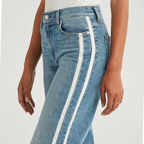 7 FAMK Jean Womens 24 Blue Denim Alexa Cropped Frayed Striped Wide Leg Raw Hem - Picture 4 of 12